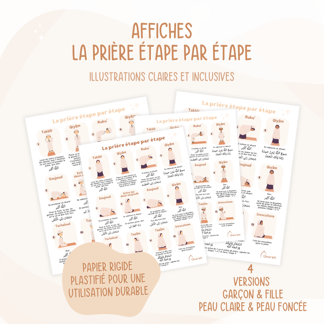 Affiche éducative La prière étape par étape, présentant chaque mouvement de la prière et les paroles à réciter. Disponible en 4 versions inclusives : garçon peau claire, garçon peau foncée, fille peau claire et fille peau foncée, pour une représentation diversifiée. Salat Tachahud  Qiyam Ruku Soujoud Takbir Invocations