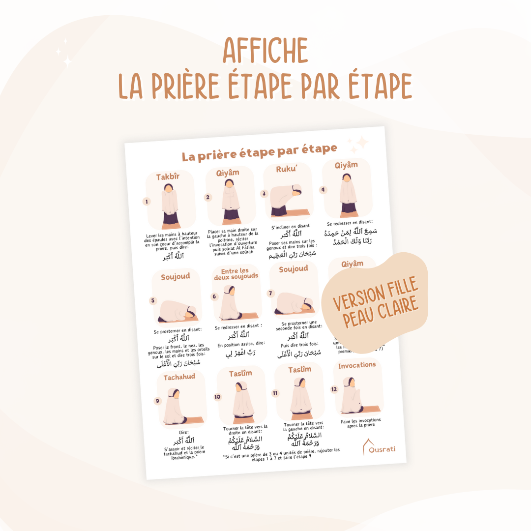 Affiche éducative La prière étape par étape, présentant chaque mouvement de la prière et les paroles à réciter. Disponible en 4 versions inclusives : garçon peau claire, garçon peau foncée, fille peau claire et fille peau foncée, pour une représentation diversifiée. Salat Tachahud  Qiyam Ruku Soujoud Takbir Invocations