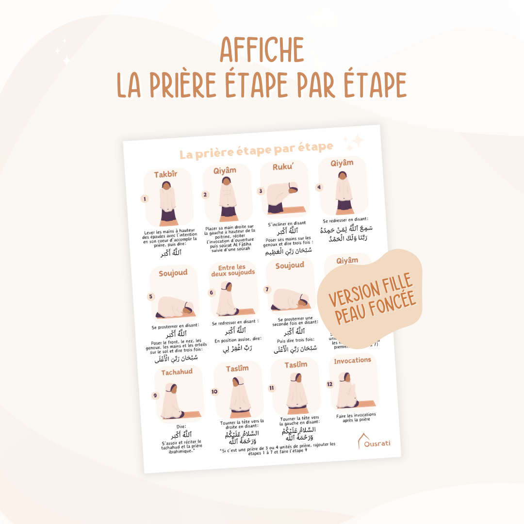 Affiche éducative La prière étape par étape, présentant chaque mouvement de la prière et les paroles à réciter. Disponible en 4 versions inclusives : garçon peau claire, garçon peau foncée, fille peau claire et fille peau foncée, pour une représentation diversifiée. Salat Tachahud  Qiyam Ruku Soujoud Takbir Invocations