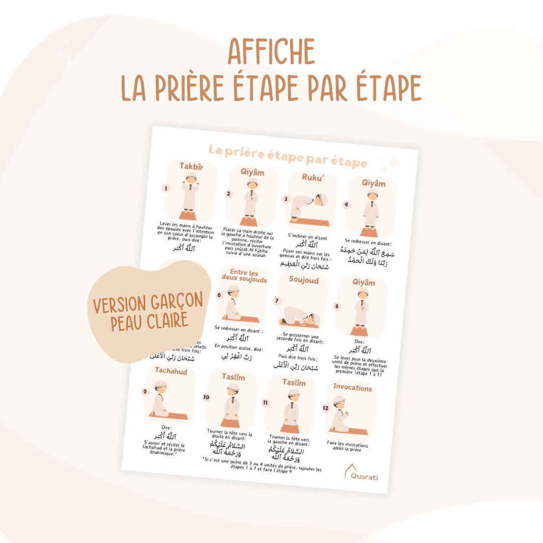 Affiche éducative La prière étape par étape, présentant chaque mouvement de la prière et les paroles à réciter. Disponible en 4 versions inclusives : garçon peau claire, garçon peau foncée, fille peau claire et fille peau foncée, pour une représentation diversifiée. Salat Tachahud  Qiyam Ruku Soujoud Takbir Invocations