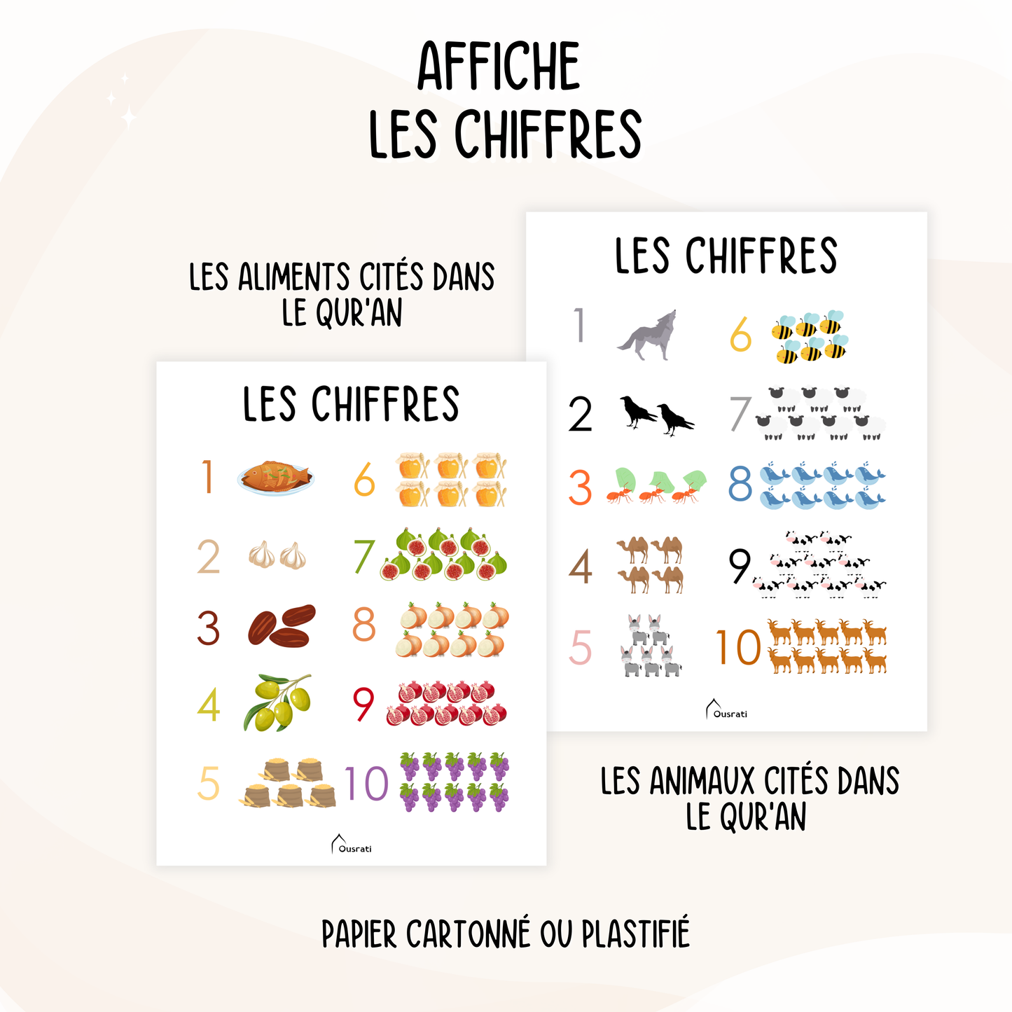 Affiche éducative illustrant les chiffres avec des animaux et des aliments mentionnés dans le Qur'ân, combinant apprentissage des nombres et découverte des références coraniques. Une ressource visuelle idéale pour enseigner les chiffres en lien avec le texte sacré