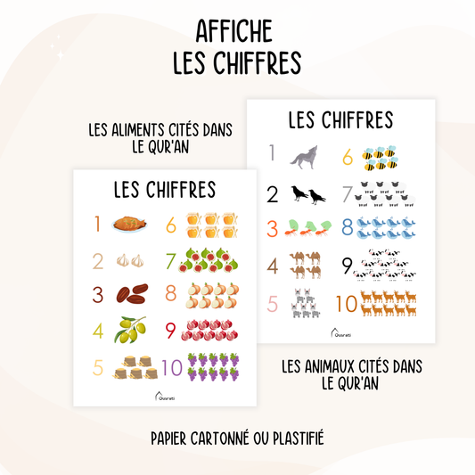 Affiche éducative illustrant les chiffres avec des animaux et des aliments mentionnés dans le Qur'ân, combinant apprentissage des nombres et découverte des références coraniques. Une ressource visuelle idéale pour enseigner les chiffres en lien avec le texte sacré