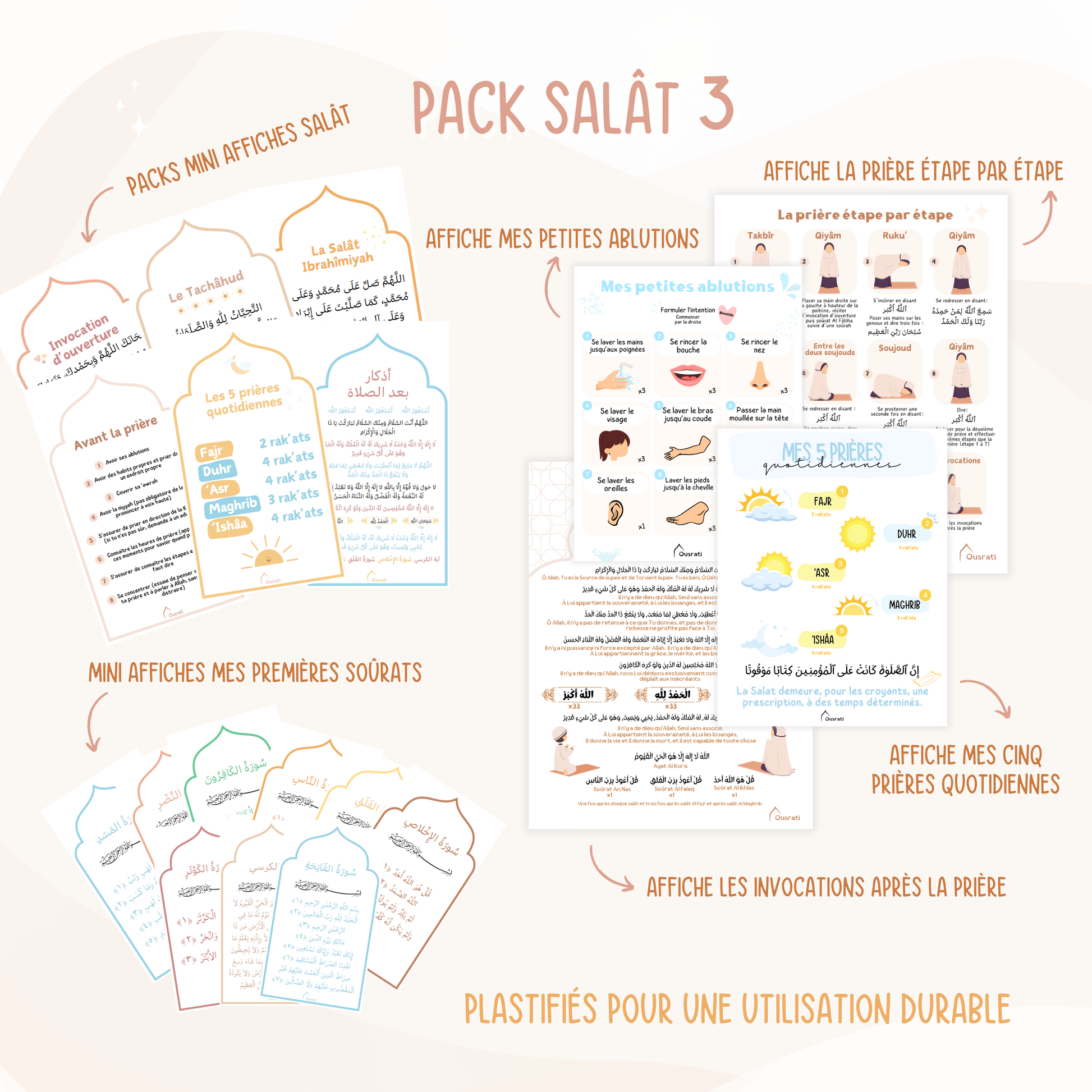 pack salat comprenant affiche la prière étape par étape, les 5 prières quotidiennes, les petites ablutions, les invocations après la prière, des mini affiches sur la préparation avant la prière et les invocations après la prière, l'invocation d'ouverture et l'invocation avant le taslim, le tachahud et la salat ibrahimiyah.Des mini affiches mes premières sourates. Sourat al fatihah, ayat al kursi, sourat an-nas, sourat al-falaq, sourat al-ikhlas, sourat al kafiroun, sourat al masad, sourat an-nasr.