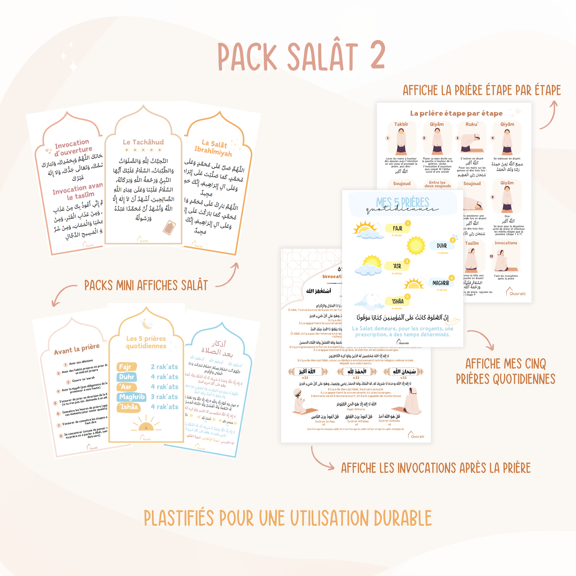 pack salat comprenant affiche la prière étape par étape, affiche des 5 prières quotidiennes, les invocations après la priere et deux packs de mini affiches comprenant invocations d'ouverture et invocations avant le taslim durant la prière, le tachahud, la salat ibrahimiyah et la préparation avant la prière.